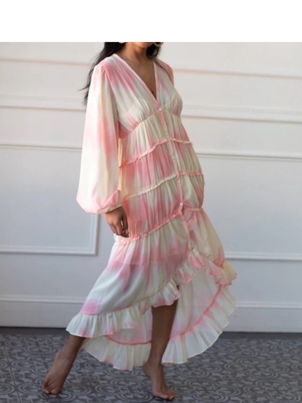 English Factory Pastel Pink and Cream Asymmetrical Ruffle Dress